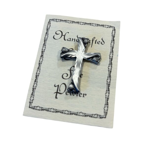 Handmade Fine Pewter Cross Pin Roses New England Vintage NWT Classic Elegant - Picture 1 of 8